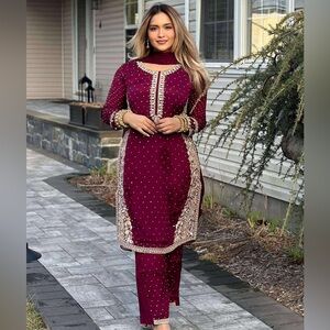 Elegant Maroon zardozi  work part dress kurta 3 piece